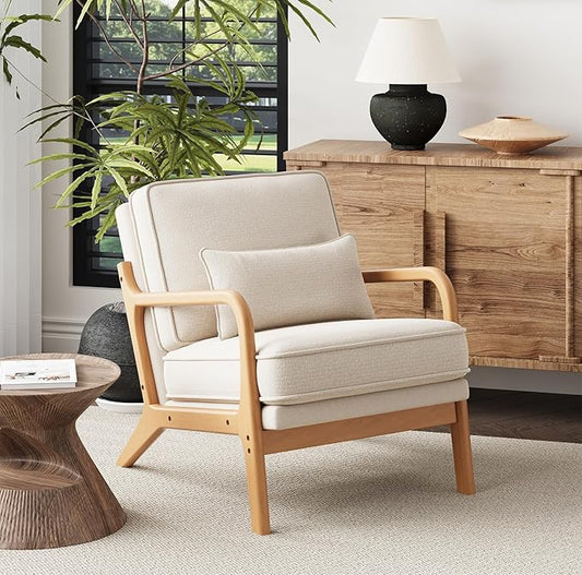 MALOL Accent Chair with Solid Wood Frame, Mid-Century Relaxing Armchair Lumbar Pillow& Soft Cushion, Reading Leisure Chair for Living Room, Bedroom, Waiting Room-Beige
