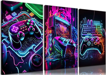 BGFCE Game Room Decor Posters Set of 3 - Neon Gaming Accessories Theme Canvas Wall Art, Gamer Console Paintings Picture Wall Decor for Children Youth Boys Bedroom 12x16 inch Framed
