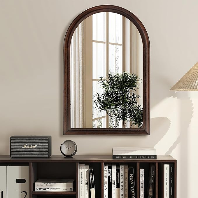 Tanmicoshomy Dark Brown Framed Arched Bathroom Mirror 24x36 Inch,Wall Mirror with Tempered Glass for Living Room, Bedroom or Entryway