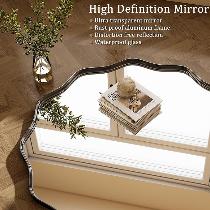 Round Wavy Mirror 36 Inch Bathroom Vanity Mirror Metal Frame Circle Wall Mounted Mirror for Bedroom Living Room Entryway Black