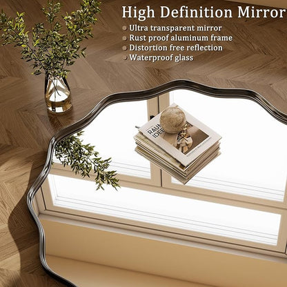 Round Wavy Mirror 42 Inch Bathroom Vanity Mirror Metal Frame Circle Wall Mounted Mirror for Bedroom Living Room Entryway Black