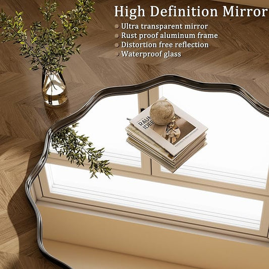 Round Wavy Mirror 42 Inch Bathroom Vanity Mirror Metal Frame Circle Wall Mounted Mirror for Bedroom Living Room Entryway Black
