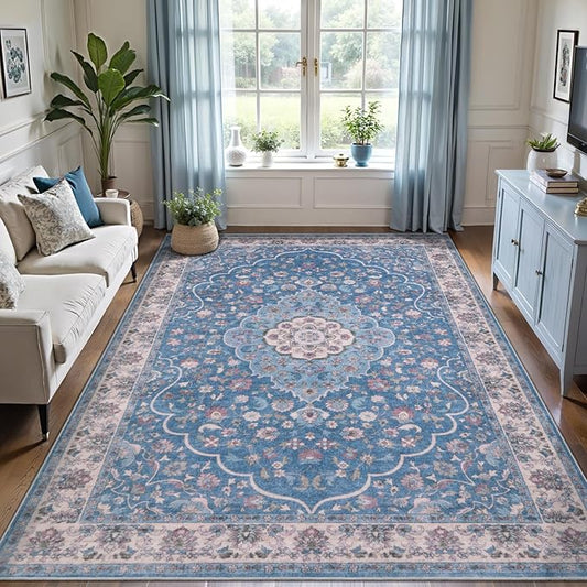 Tangsoo Vintage 4x6 Rug for Living Room,Washable Indoor Area Rug Blue Beige Non-Slip Mat Soft Floral Low Pile Carpet for Front Porch Dining Room Patio Bedroom