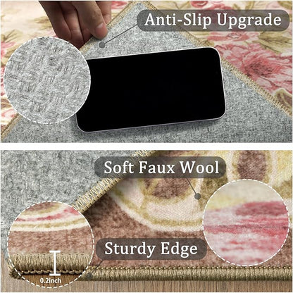 6ft Round Machine Washable Area Rug for Living Room, Pink Vintage Boho Floral Rug Large Non-Slip Low Pile Soft Faux Wool Carpet, Kids and Pets Friendly for Bedroom Nursery Farmhouse Home Decor Rug