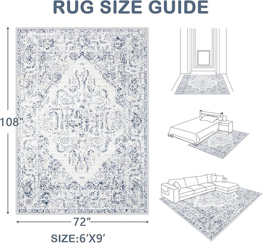 6x9 Area Rugs for Living Room: Washable Rug Vintage Large Rugs Soft Non Slip Low Pile Rug Floral Distressed Floor Carpet for Bedroom Kitchen Nursery Dining Room Home Office (Blue, 6'x9')
