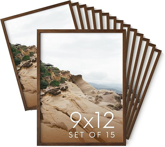 HAUS AND HUES 9x12 Walnut Oak Wood Picture Frames Set of 15 - Premium Bulk Picture Frames 9x12 Bundle - Elegant Gallery Wall Frame Set for Posters, Art Display - Ideal for Wall Decor in Home & Office