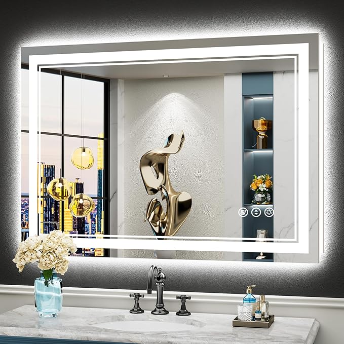 44x30 LED Bathroom Mirror with Lights, Backlit and Front Lit Anti-Fog Lighted Vanity Mirrors for Bathroom Wall, Dimmable, 3-Color Light, Memory, Shatter-Proof, HD Tempered Glass, CRI＞90