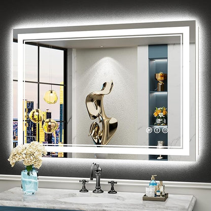 44x30 LED Bathroom Mirror with Lights, Backlit and Front Lit Anti-Fog Lighted Vanity Mirrors for Bathroom Wall, Dimmable, 3-Color Light, Memory, Shatter-Proof, HD Tempered Glass, CRI＞90