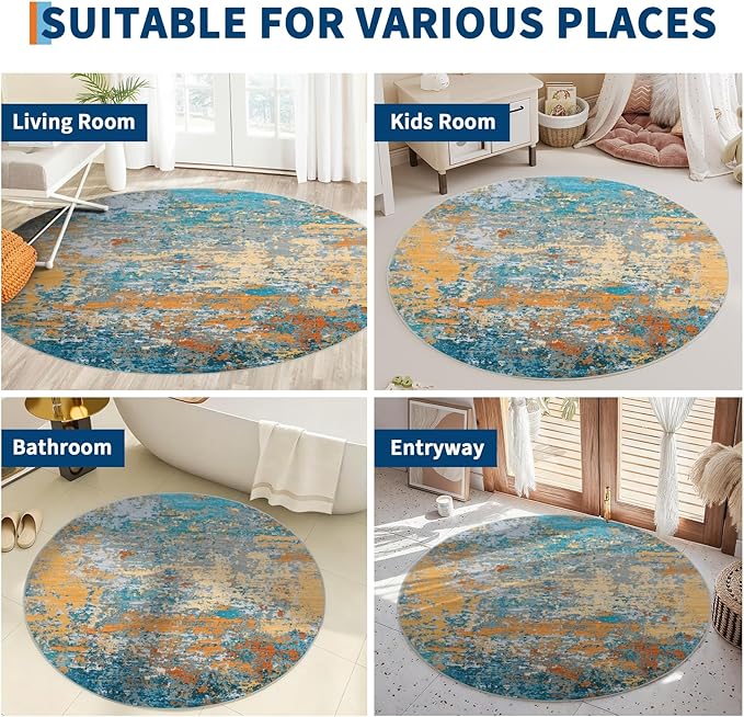 ROYHOME Modern Abstract 6x6 Round Area Rug Non Slip Non Shedding Rug Low Pile Stain Resistant for Bedroom Living Room Office Dining Room,Multi Color