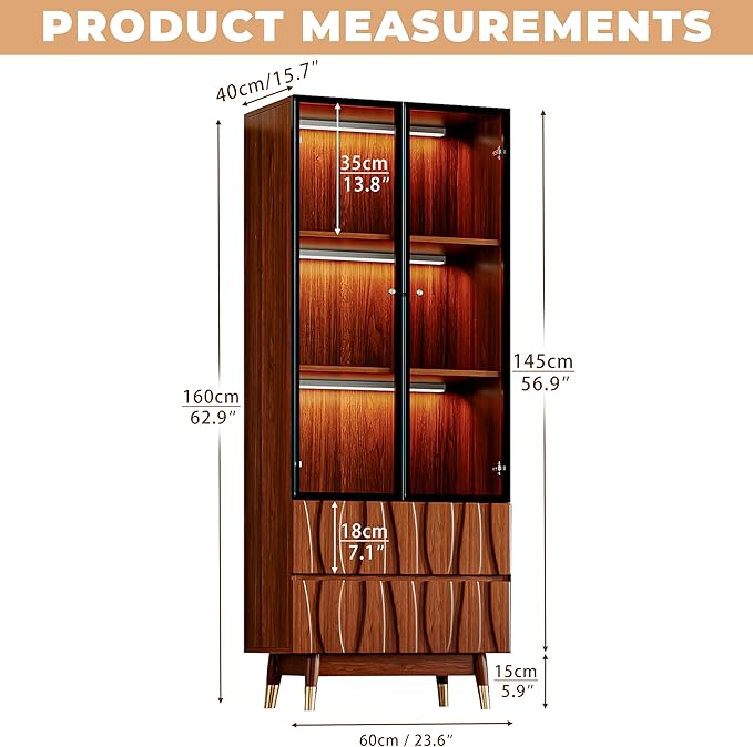 62.9'' Tall Mid Century Modern Lighted Glass Display Cabinet with Two Drawers, Walnut Finish Brown Dining China Hutch with 3 Tiers Storage Shelves, Wooden Curio Showcase for Living Room Kitchen