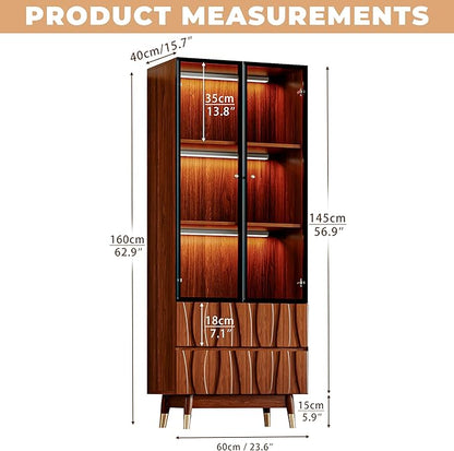 62.9'' Tall Mid Century Modern Lighted Glass Display Cabinet with Two Drawers, Walnut Finish Brown Dining China Hutch with 3 Tiers Storage Shelves, Wooden Curio Showcase for Living Room Kitchen