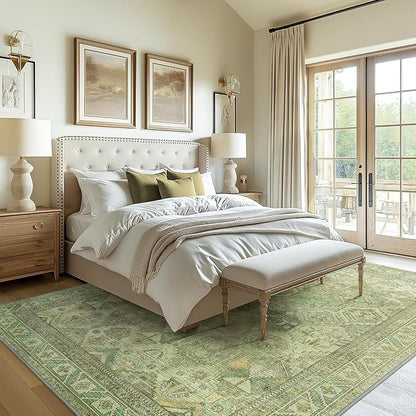 Bavni Washable Rug 8x10 Area Rug for Living Room Bedroom Dining, Washable Vintage Print Carpet, Ultra-Thin Chenille Low Pile Lightweight Rug with Non Slip Backing, Light Green