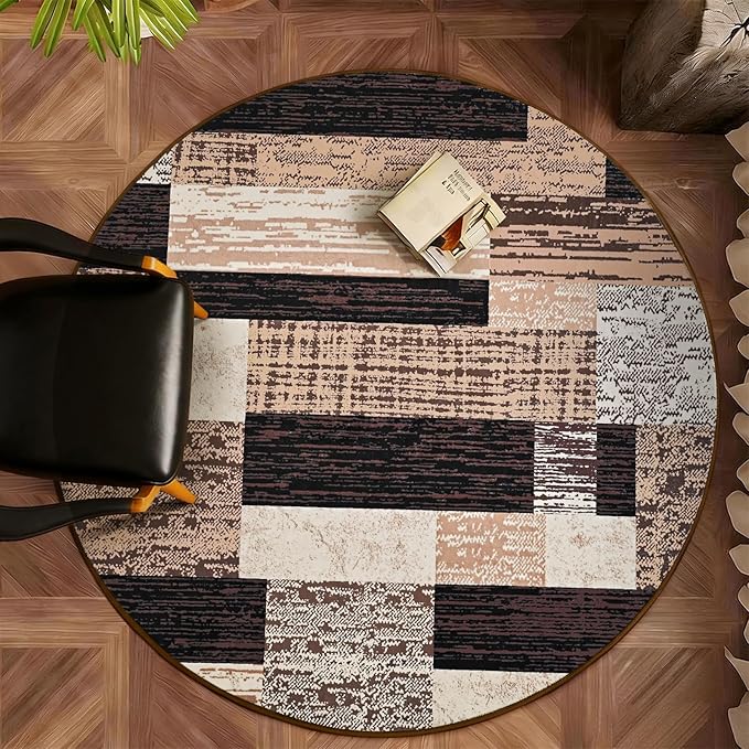 FlyDOIT Modern Round Area Rug for Living Room, 5Ft Washable Round Rug Chocolate Geometric Patchwork Circle Rugs for Dining Room Table, Large Circular Floor Carpet for Bedroom Home Office