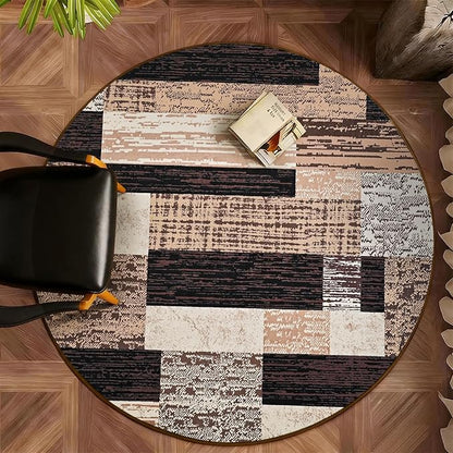 FlyDOIT Modern Round Area Rug for Living Room, 4Ft Washable Round Rug Chocolate Geometric Patchwork Circle Rugs for Dining Room Table, Small Circular Floor Carpet for Bedroom Home Office