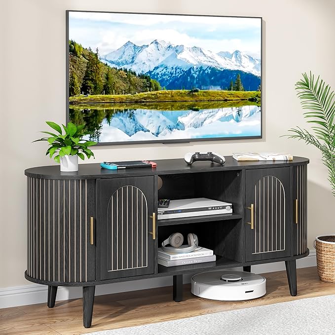 51" Fluted TV Stand, Mid-Century Modern Entertainment Center for Tvs up to 60" with Drawers and Fluted Doors, Curved TV Media Console Table with Sliding Doors for Living Room, Bedroom (51" Black)