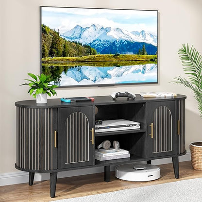 51" Fluted TV Stand, Mid-Century Modern Entertainment Center for Tvs up to 60" with Drawers and Fluted Doors, Curved TV Media Console Table with Sliding Doors for Living Room, Bedroom (51" Black)