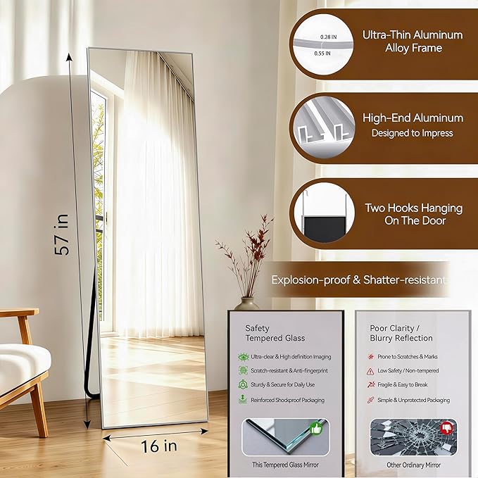 NARCISSUS 57x16 Mirror Door Hanging Full Length Body with Floor Stand or Wall Mounted Metal Aluminum Frame Tempered Glass Rectangle Mirrors for Bedroom Dressing Living Room Bathroom 57 inch Silver