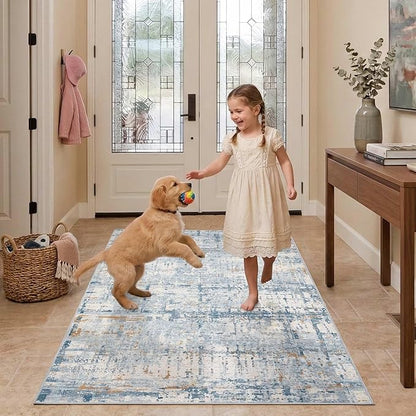 Rugxara 3x5 Washable Entryway Rug, Non Slip Boho Runner Rugs for Hallway, Entrance, Kitchen, Bathroom, Laundry Room, Soft Entryway Carpet, Throw Low Pile Retro Imitation Wool Carpet, Blue Beige