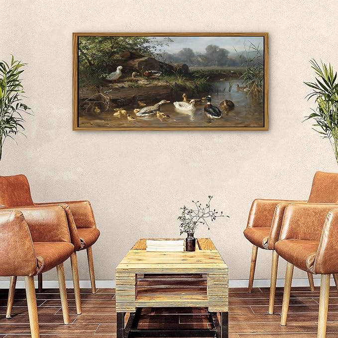 Countryside Landscape Wall Art Framed Duck Wall Decor Vintage Picture Classical Country Field Canvas Painting Prints Poster Farmhouse Animals Scenic Artwork for Living Room Home Decorations 24x48