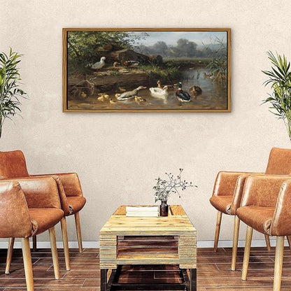 Countryside Landscape Wall Art Framed Duck Wall Decor Vintage Picture Classical Country Field Canvas Painting Prints Poster Farmhouse Animals Scenic Artwork for Living Room Home Decorations 24x48