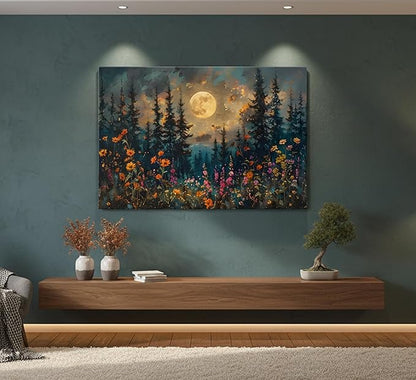 Full Moon Forest Canvas Wall Art Moonlit Pine Tree Mountains and Wildflowers Woodland Nature Landscape Picture Wall Decor Poster Print Artwork for Bedroom Living Room Home Decoration