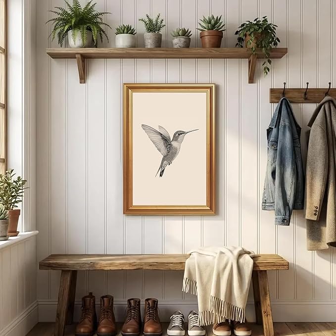 JLTULT Gold Framed Hummingbird Wall Art, Vintage Black White Sketch Wall Decor, Hummingbird Illustration Art Prints for Living Room Bedroom Office 16x24 Inches with Fade-Resistant Easy to Hang
