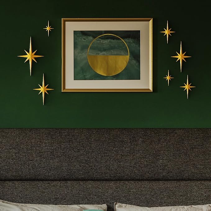 MidModArt 7PCS Mid Century Modern 3D Star Wall Art Gold Retro Starburst Sculptures Vintage Celestial Home Decor, Gold Starburst