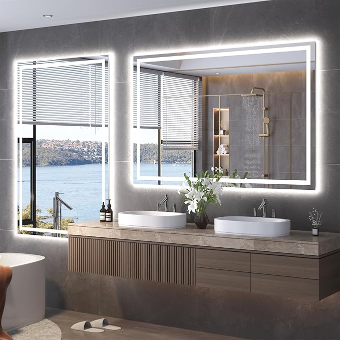 Snowdool 60"X30" LED Bathroom Mirror with Front Lights and Backlit, Anti-Fog, Dimmable, Shatter-Proof Tempered Glass, Lighted Bathroom Vanity Mirror for Wall with 3 Colors, Memory Function