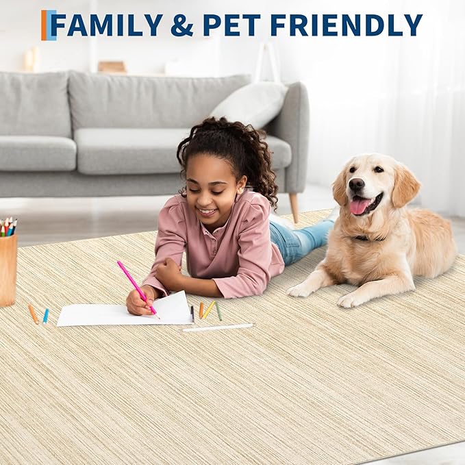 Washable Area Rug 8x10 for Living Room Bedroom Non Slip Minimalist Solid Color Area Rugs Modern Abstract Plain Dining Room Throw Carpet Low Pile Soft Classic Boho Rugs for Kitchen Nursery Oiifce,Beige