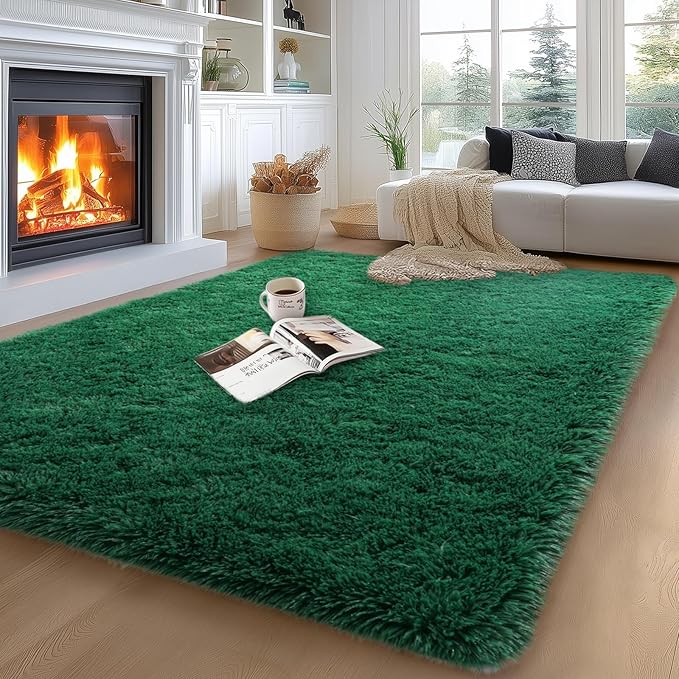qulint 5x7 Area Rug for Living Room, Fluffy Green Rug for Bedroom Soft Shag Large Carpet for Nursery, Shaggy Fuzzy Alfombra for Boys and Girls Dorm Kid Room Office Home Decor (5ft x 7ft, Dark Green)