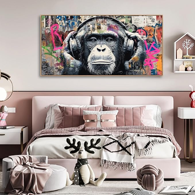 Sorbrozo DJ Gorilla Street Art Print - Colorful Graffiti Canvas Painting with Headphones Urban Animal Wall Decor for Boys Room Music Lover Gift 20x40in