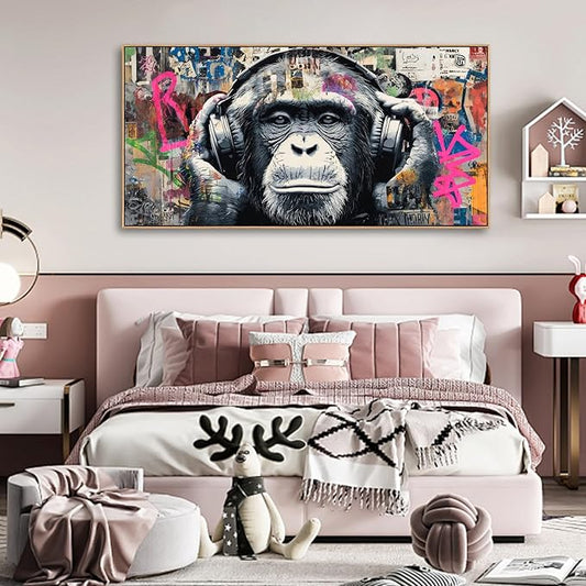 Sorbrozo DJ Gorilla Street Art Print - Colorful Graffiti Canvas Painting with Headphones Urban Animal Wall Decor for Boys Room Music Lover Gift 20x40in