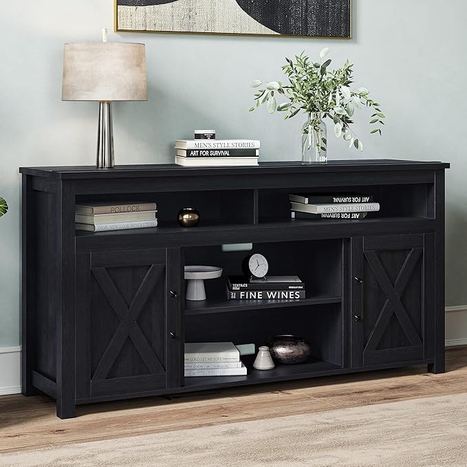 BELLEZE 58 Inch TV Stand, Contemporary Entertainment Center for TVs up to 65", Wood Media Console Table with Two Open Shelves and Barn Door Cabinets - Corin (Rustic Grey)