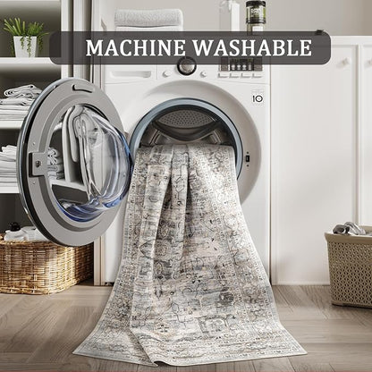 9x12 Washable Vintage Area Rug - Non-Slip Soft Rugs for Living Room Bedroom Dining Room, Stain Resistant Indoor Floor Mat for Home Decor (Beige/Brown, 9'x12')