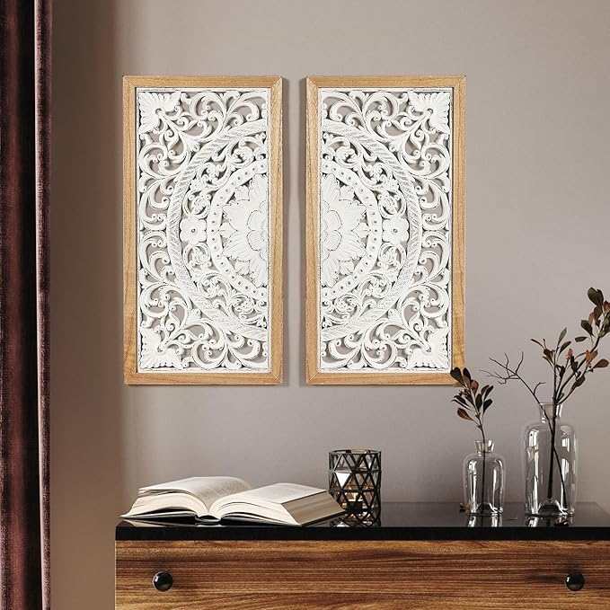 AHUONEL 2 Panel Wall Art Decor Wall Sculpture, Carved Wood Wall Decor Wall Hanging Decor, Rustic Farmhouse Wall Decor for Living Room Bedroom Entryway Hall Office Home Decor, 23"x11.5"