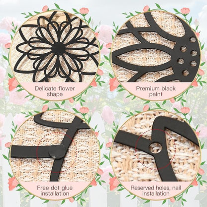 Zzbakress 3 Pcs Metal Flowers Wall Decor Black Wall Decor Metal Flower Art Farmhouse Wall Art Multiple Flowers Hanging Decor for Bathroom Living Room Kitchen Garden Office (Black Concise)
