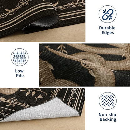 Garvee Snake Gothic 8x10 Area Rug Dark Whimsical Moody Witchy Unique Soft Thin Large Carpet for Living Room Bedroom Dining Room Playroom Indoor Decor Low Pile TPE Backing Black Gray