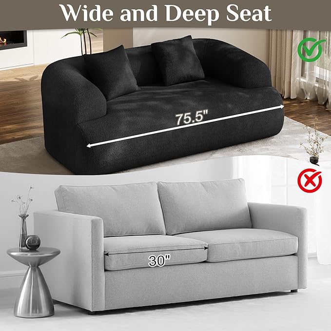 75" Boneless Cloud Loveseat, Modern Cute Curved Chenille Sofa, 2 Seater Compression Couch with 2 Pillows, No Assembly Required for Apartment Living Room, Black