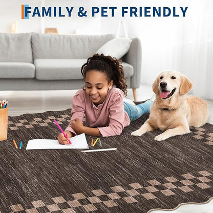 6ft Washable Round Rug for Entryway Modern Checkered Bedroom Circle Rug Non Slip Soft Dining Room Round Throw Carpet Large Stain Resistant Border Round Rugs for Living Room Kitchen Bathroom, Brown