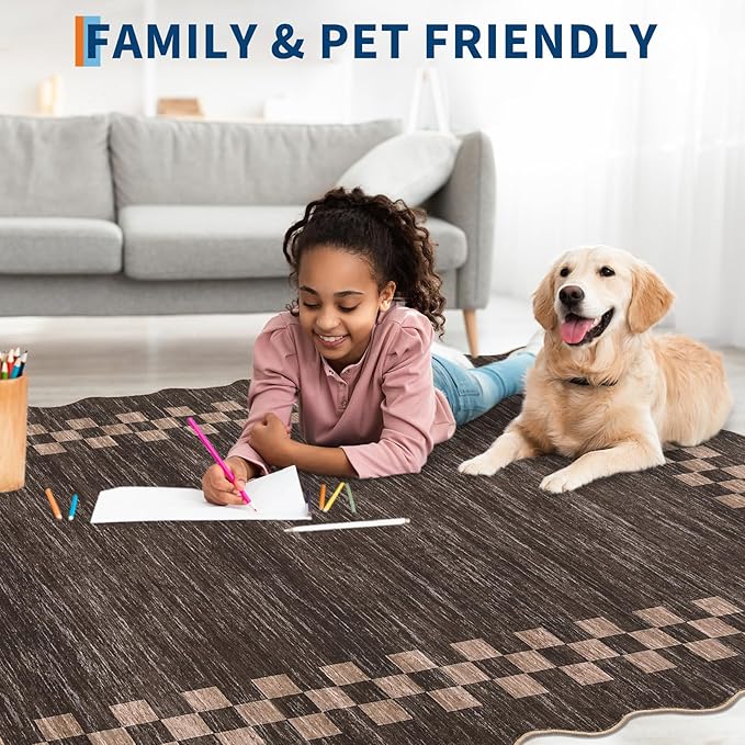 Rug Runners for Hallways 2x8 Washable Kitchen Runner Rug Non Slip Low Pile Bedside Throw Carpet Modern Bordered Bathroom Runners Checkered Area Rug for Living Room Bedroom Entryway Nursery, Brown