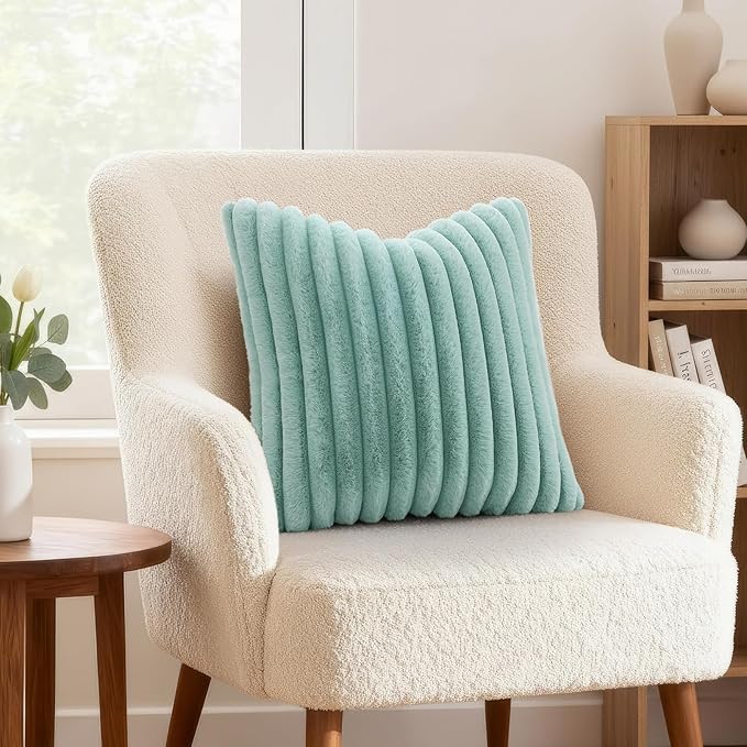 decorUhome Summer Cozy Faux Fur Throw Pillow Covers 22x22 Set of 2 Decorative Soft Plush Striped Modern Farmhouse Boho Couch Euro Sham Pillow Cases with Velvet Back for Sofa Bed Living Room, Aqua