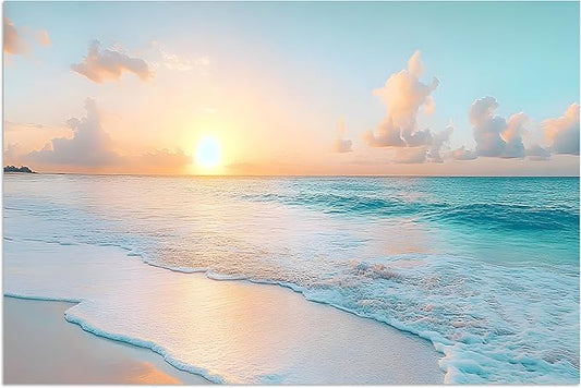 TutuBeer Beach Pictures Wall Art Beach Canvas Wall Art White Ocean at Sunrise Print on Canvas Seascape Paintings Coastal Picture Framed Artwork for Bathroom Living Room Office Home Decor 12" x 18"