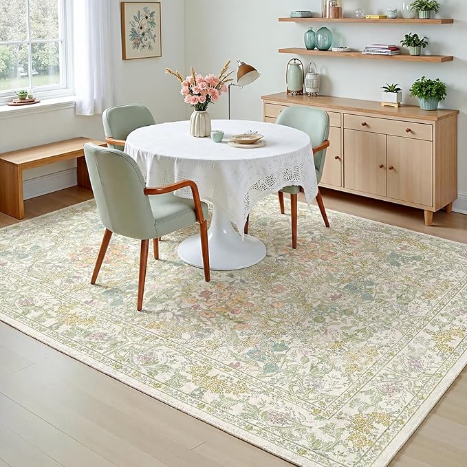 Washable Sage Green 5x8 Area Rug for Large Entryway, Living Room, Kids Room, Boy Nursery Room, Bedroom Rug - Vintage Oriental Low Pile Non Slip & Stain Resistance (5x8 Beige Green)