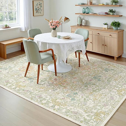 Washable Sage Green 5x8 Area Rug for Large Entryway, Living Room, Kids Room, Boy Nursery Room, Bedroom Rug - Vintage Oriental Low Pile Non Slip & Stain Resistance (5x8 Beige Green)