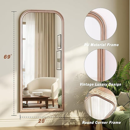 28"×69" Rounded Top Large Full Length Mirror, Arched Vintage Floor Stangding Body Mirror - PU Frame, Wall Mounted Hanging Leaning Antique Decor for Dressing Room, Entryway, Bedroom, Silver