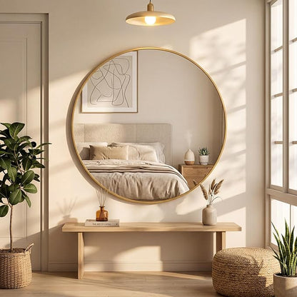 OLIXIS 36 Inch Gold Round Bathroom Wall Mirror, Round Bathroom Mirrors for Over Sink, Circle Mirror with Tempered Glass for Home Decor, Entryway, Bedroom, Vanity, Shatterproof& Crystal-Clear