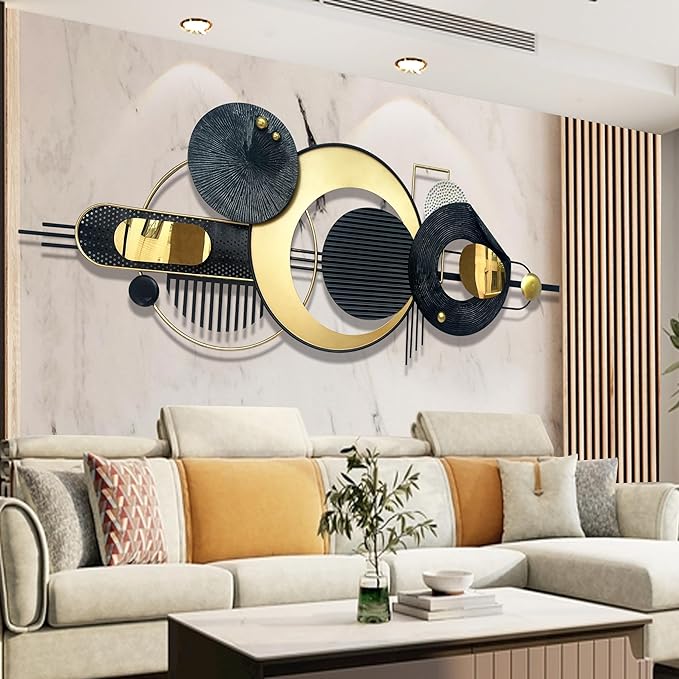 Large Modern Abstract Metal Wall Art, Black and Gold Geometric Circles Wall Decoration, Contemporary Home Decor,59 × 24 in Wall Art for Living Room/Dinning Room/Bedroom/Entryway/Kitchen/Office