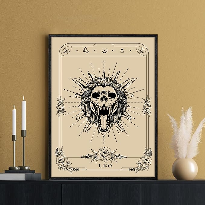 SERIMINO Witchy Framed Wall Art, Leo Tarot Canvas Prints Paintings, Horoscope Dark Academia Home Decor Aesthetic, 16x24inch Gothic Wall Decor for Room