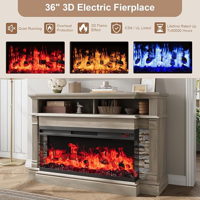QUW Fireplace TV Stand for TVs up to 65", Farmhouse 52" Fireplace Entertainment Center with 36" 3-Side Glass Electric Fireplace, TV Console with Open Storage Shelves for Living Room, Grey