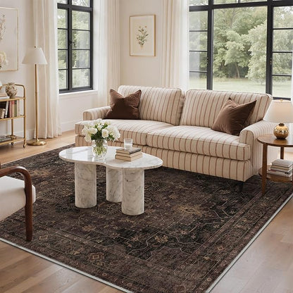 GENIMO 6x9 Area Rugs for Living Room, Machine Washable Rug, Non Slip Indoor Vintage Rug, Low Pile Lightweight Chenille Print Carpet for Bedroom Dining Room Home Office, Charcoal Brown